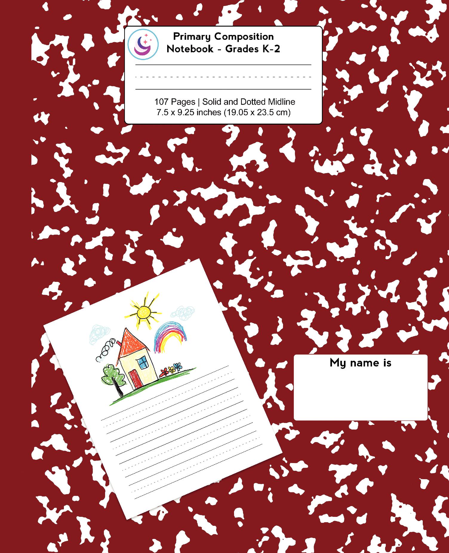 Primary Composition Notebook: Burgundy Red Marble, Grades K-2 Kindergarten Writing Journal
