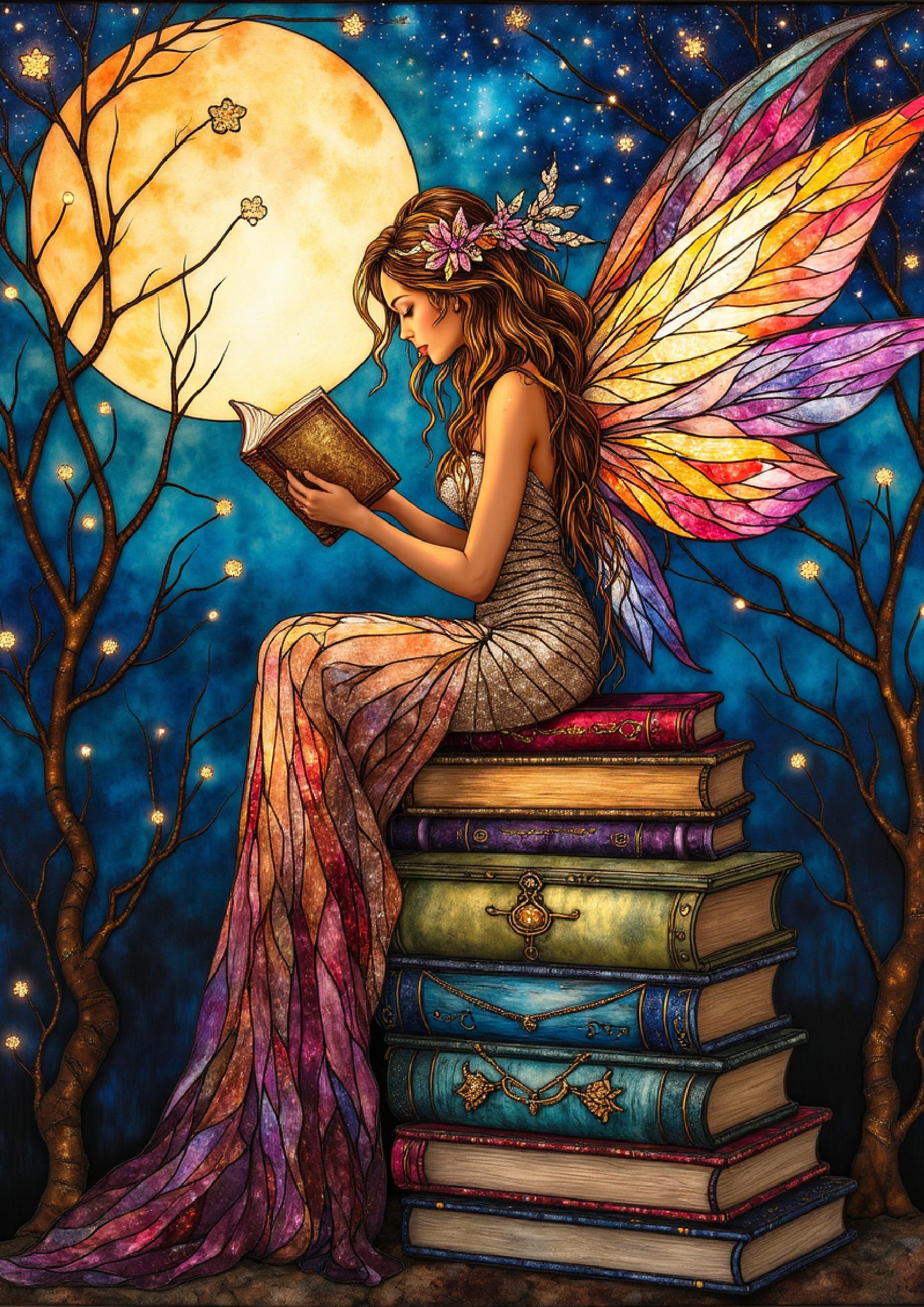Fairy reading a book by Moonlight