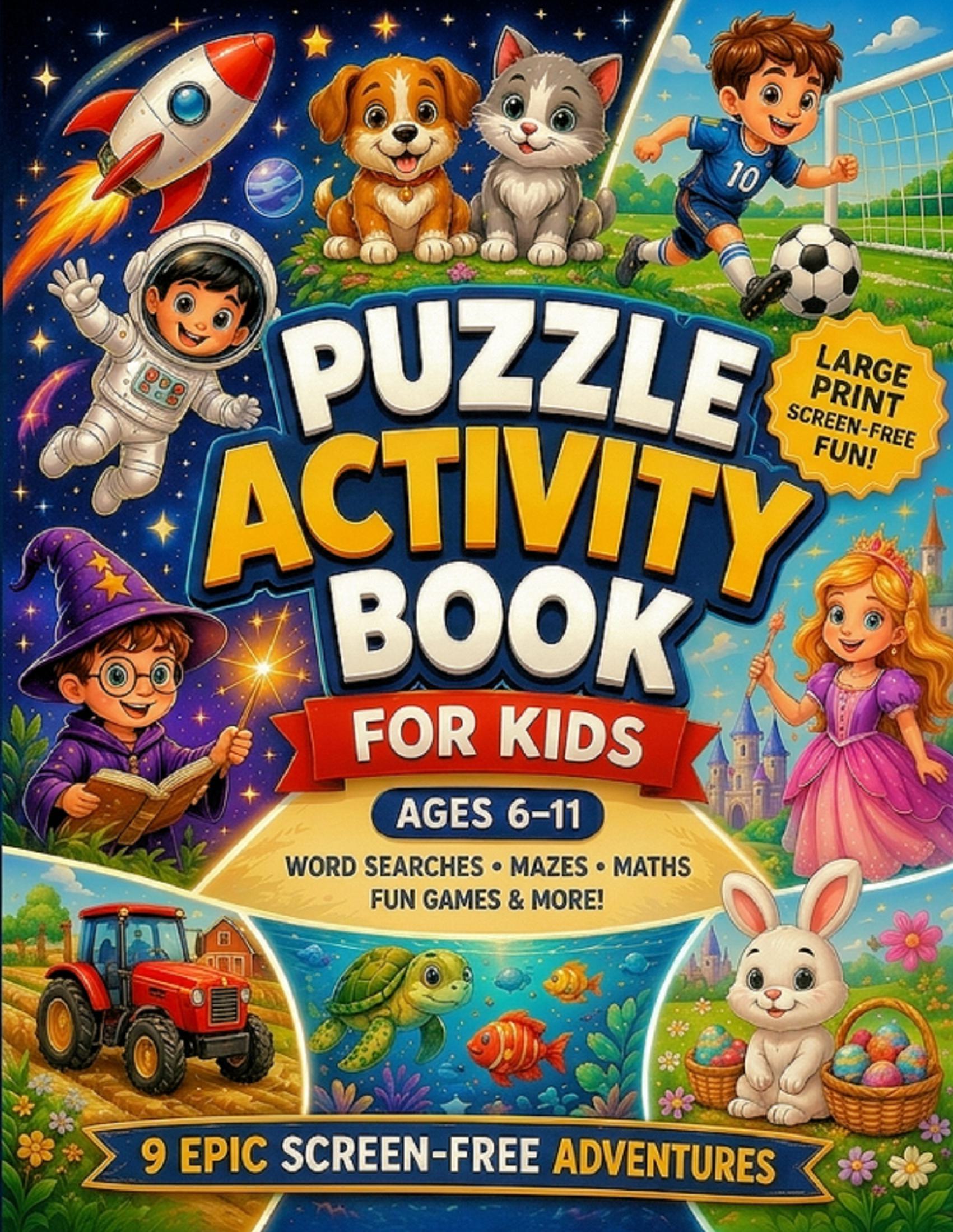 PUZZLE ACTIVITY BOOK FOR KIDS AGES 6-11: 9 Screen-Free Adventures with Word Searches, Mazes, Maths and Fun Facts