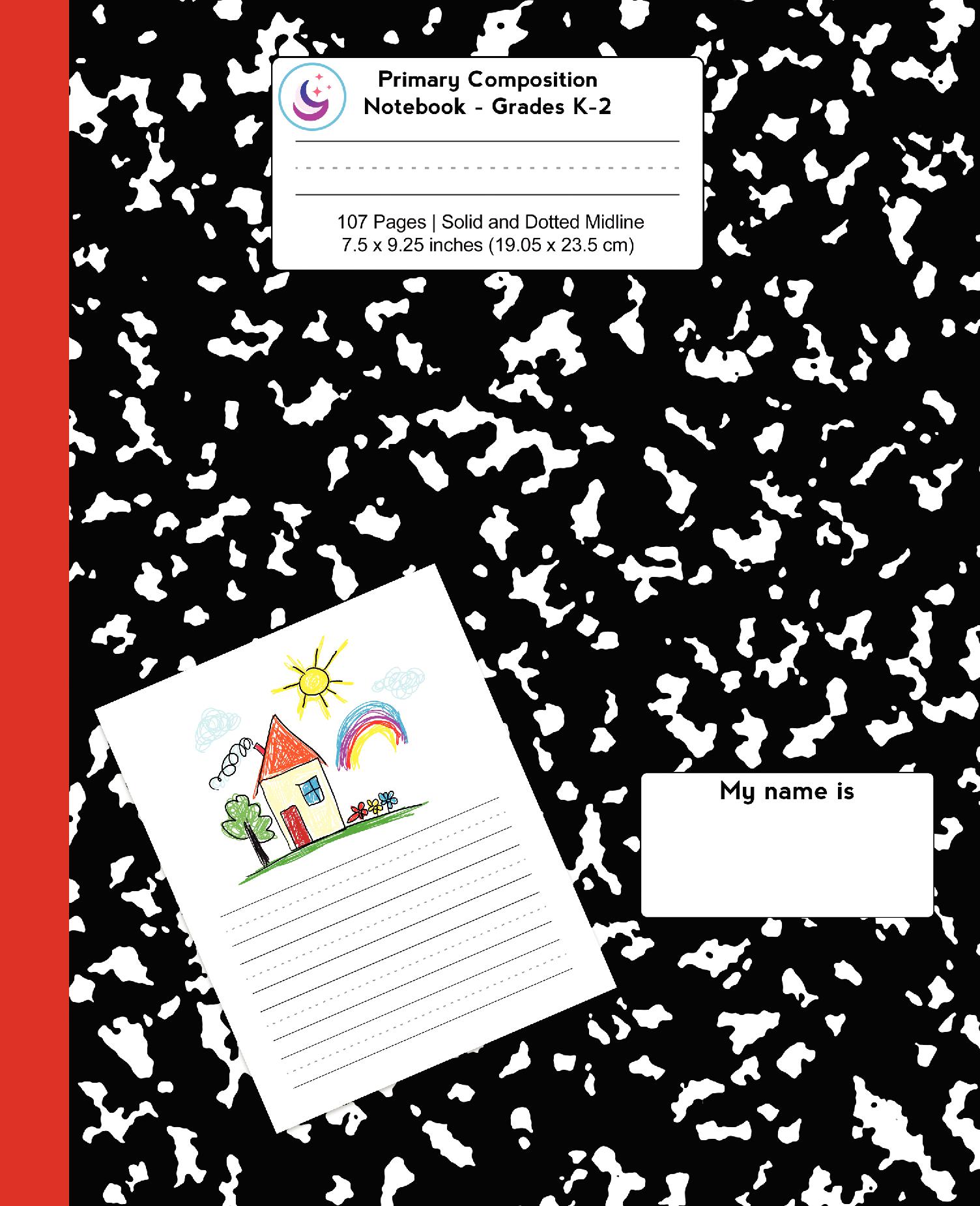 Primary Composition Notebook: Black and Red Spine Marble, Grades K-2 Kindergarten Writing Journal
